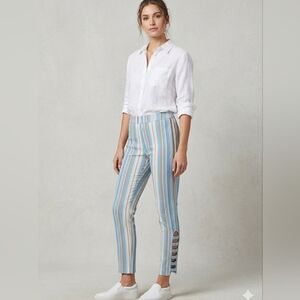 Attyre New York Striped Capri Pants 10 Blue White Rhinestone Caged Hem Pull On​